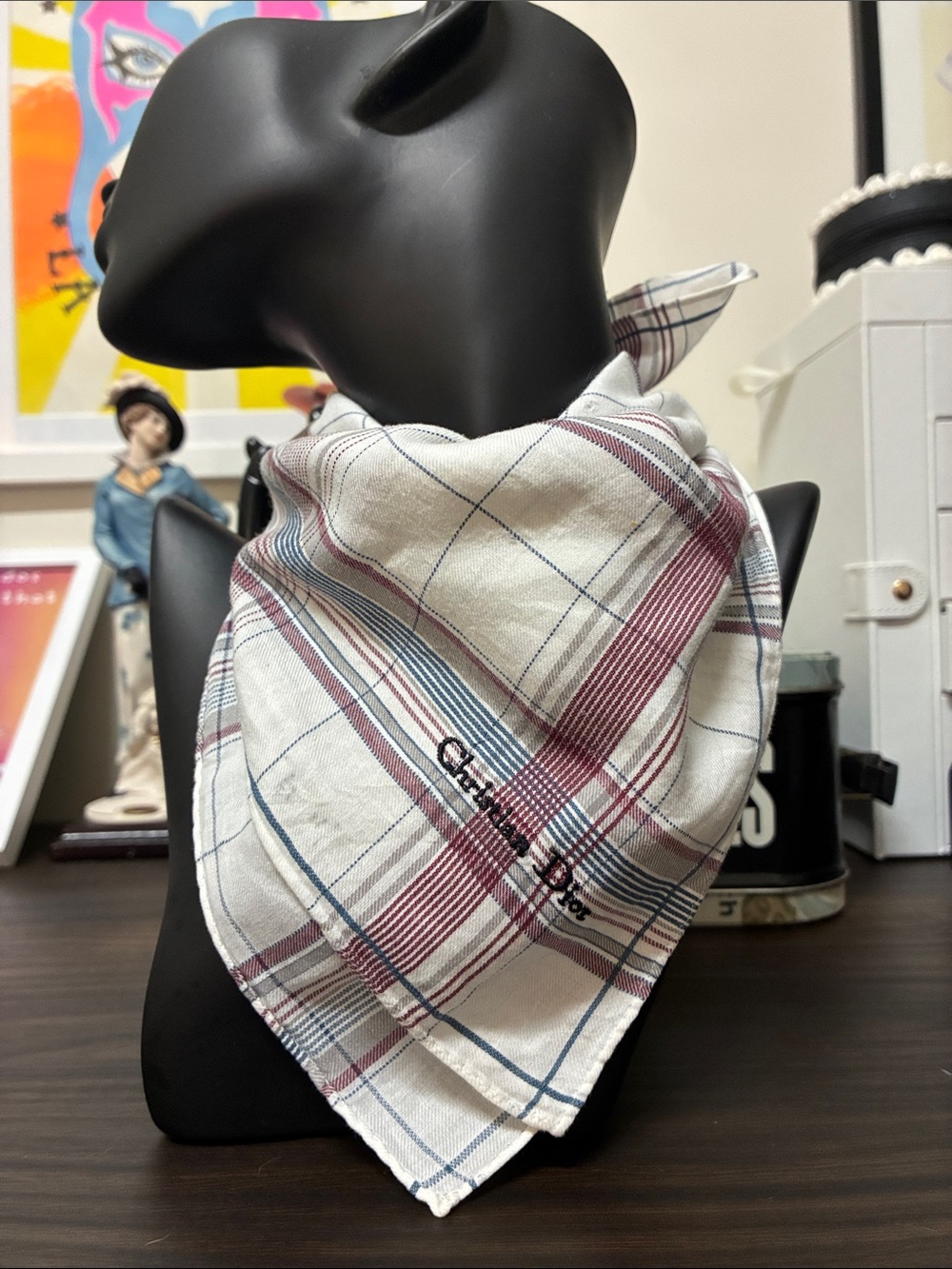 Christian Dior Plaid Cotton Bandana Scarf - White with Burgundy & Blue